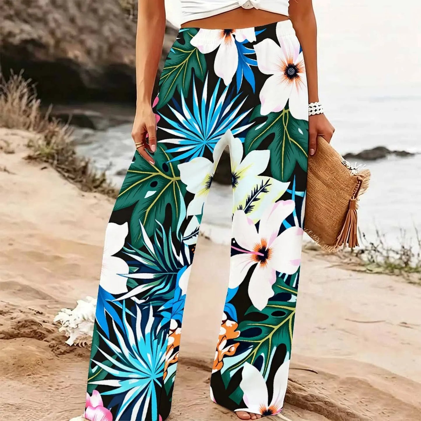 Women's Summer Beach Wide Leg Trousers Floral Print Elastic High Waist Loose Fit Casual Vacation Palazzo Pants