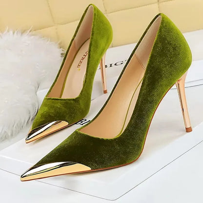 BIGTREE Shoes Luxury Women's Pumps Metal Pointed High Heels Fashion Stilettos Banquet Shoes Ladies Pumps Sexy Party Shoes Suede