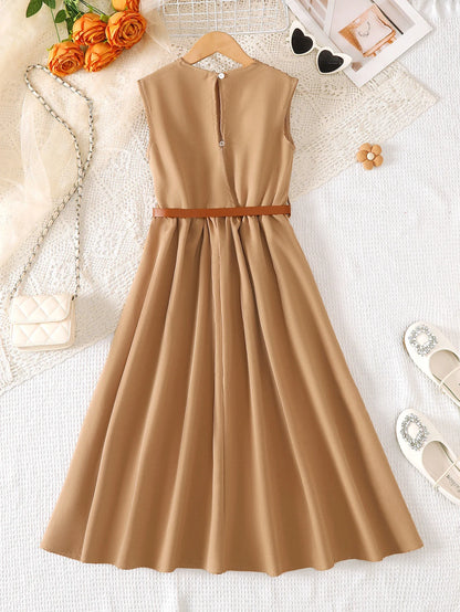 Girls Summer Sleeveless Elegant Pure Color Midi Dress Suitable for Daily Commute Outdoor Business Casual Chic Simple Design