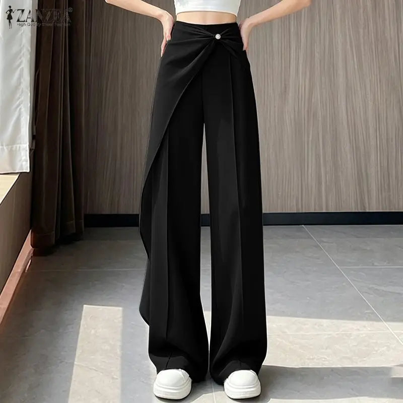 ZANZEA Women Pants Patchwork Summer Autumn Fashion Wide Leg Pants Solid Color Female Loose Bottoms Streetwear 3XL Oversize