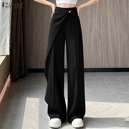 ZANZEA Women Pants Patchwork Summer Autumn Fashion Wide Leg Pants Solid Color Female Loose Bottoms Streetwear 3XL Oversize