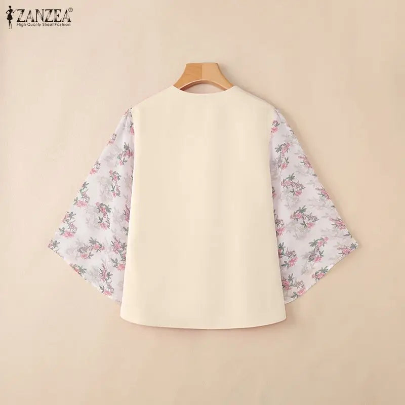 ZANZEA 2026 Women Bow Detail Blouses Elegant V-Neck Floral 3/4 Bell Sleeves Patchwork Tops Autumn Loose High Low Blusas Mujer