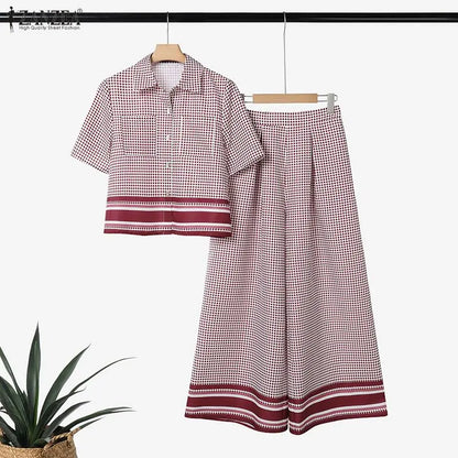2026 ZANZEA Summer Pant Sets Fashion Women 2 Piece Sets Short Sleeve Shirt Wide Leg Trousers Suit Plaid Outfits Office Tracksuit