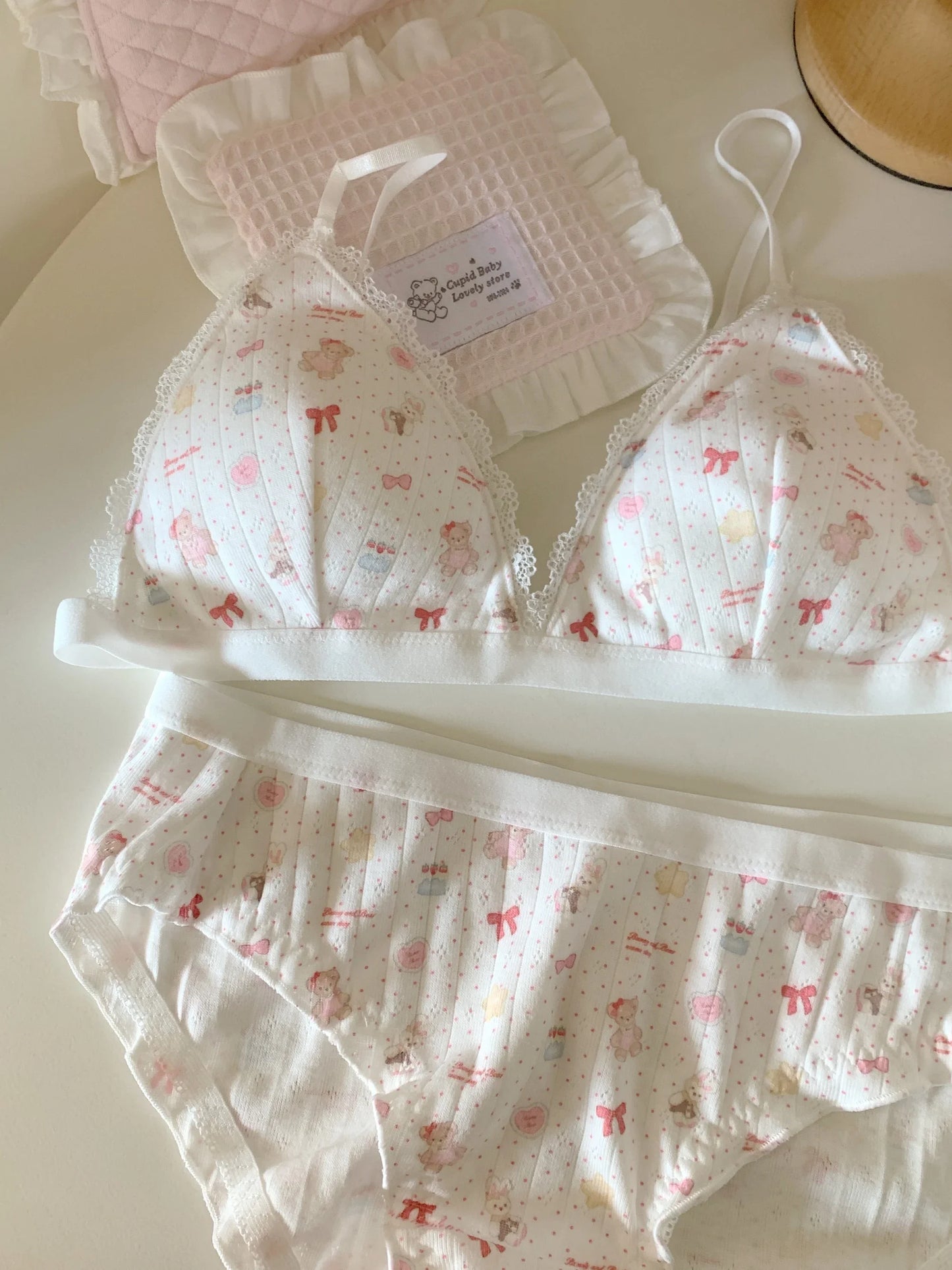 Secret of the Happy Little Bear Lingerie Sweet Feminine 100% Cotton Breathable Underwear Comfortable Small-Cup Bra Set Wire-Free