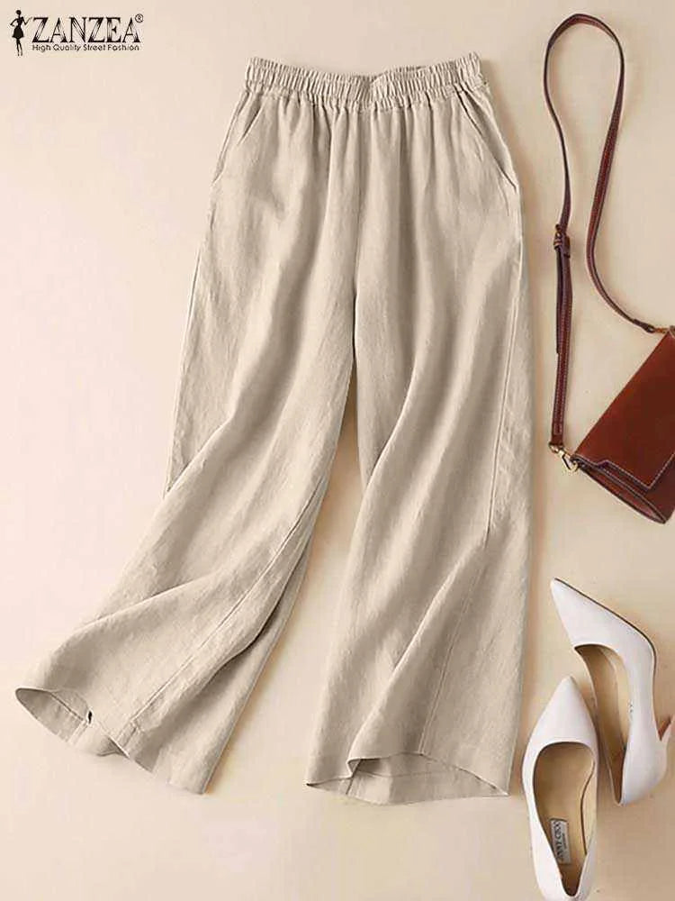 ZANZEA Women Summer Wide Leg Pants Spring Cotton Pantalon Loose Elastic Waist Palazzo 2023 Fashion Solid Casual Long Trousers