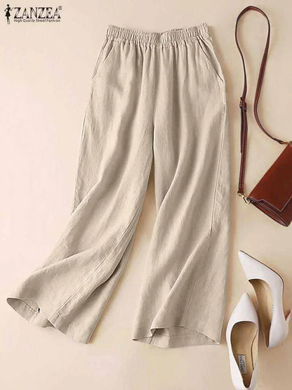 ZANZEA Women Summer Wide Leg Pants Spring Cotton Pantalon Loose Elastic Waist Palazzo 2023 Fashion Solid Casual Long Trousers
