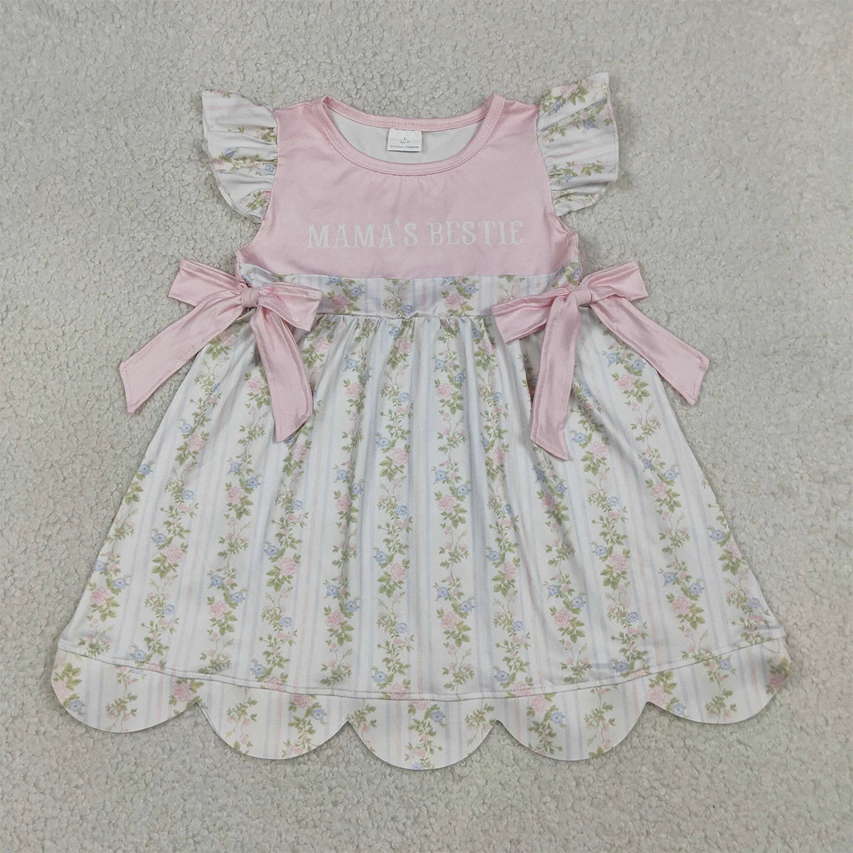 Toddler Baby Girls Mama's Bestie Flowers Stripe Scallop Knee Length Dresses Kids Summer Dress Infant Children Clothing Wholesale
