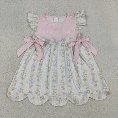 Toddler Baby Girls Mama's Bestie Flowers Stripe Scallop Knee Length Dresses Kids Summer Dress Infant Children Clothing Wholesale