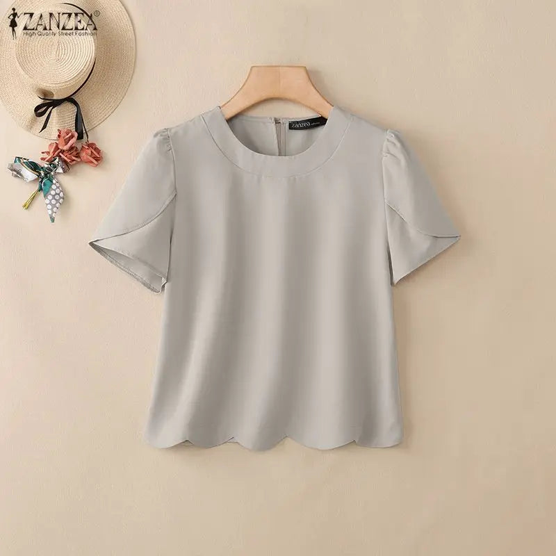 ZANZEA Women Elegant Scalloped Hem Blouses Short Petal Sleeves O-Neck Solid Color Tops Summer Casual Daily Wear Blusas de Mujer