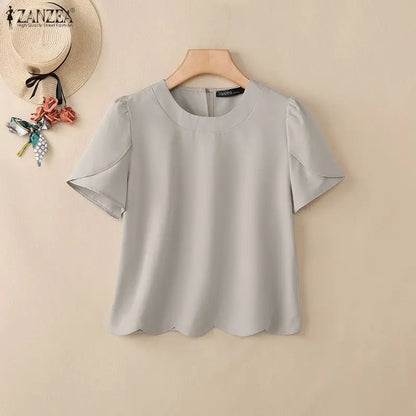 ZANZEA Women Elegant Scalloped Hem Blouses Short Petal Sleeves O-Neck Solid Color Tops Summer Casual Daily Wear Blusas de Mujer