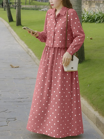 ZANZEA Autumn Outfits Stylish Polka Dots Women 2 Piece Sets Long Sleeve Blouse Dress Sets Casual Work Tracksuit Skirt Suit 2025
