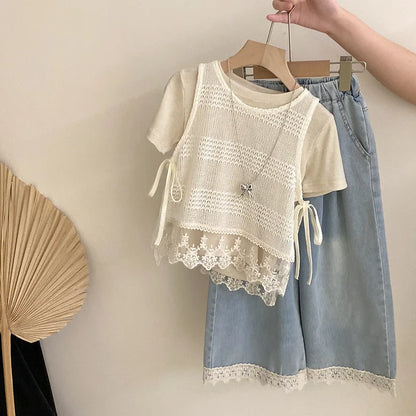 Girls' Summer New Korean Style Hollow Out Lace Trim Tank Top Solid Color Short Sleeve Casual Denim Three-Piece Set