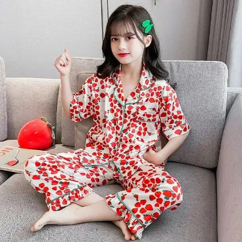 Girls Summer Ice Silk Pajamas Set Short Sleeve Princess Style Cooling Homewear for Kids