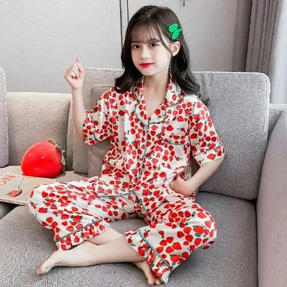 Girls Summer Ice Silk Pajamas Set Short Sleeve Princess Style Cooling Homewear for Kids