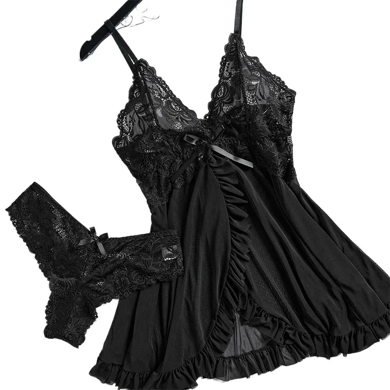 A Set Of Tulle Ultra Sexy Nightgown V-neck Bra Open Sleep Skirt Night Erotic Dress Woman Sheer Pajamas Lingerie Pants Luxury kit