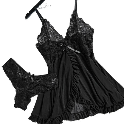 A Set Of Tulle Ultra Sexy Nightgown V-neck Bra Open Sleep Skirt Night Erotic Dress Woman Sheer Pajamas Lingerie Pants Luxury kit