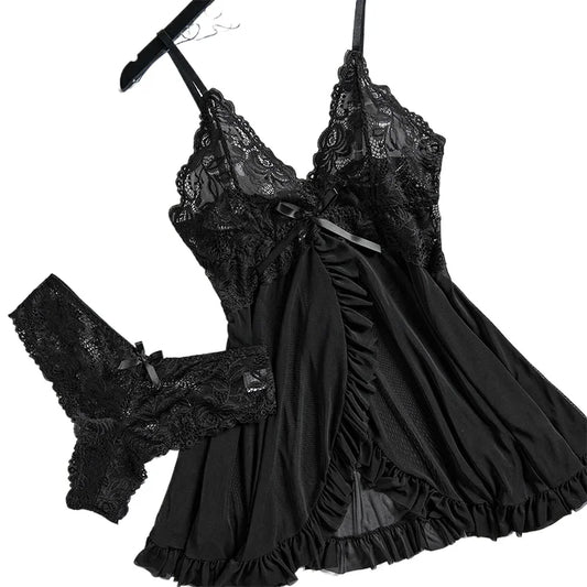 A Set Of Tulle Ultra Sexy Nightgown V-neck Bra Open Sleep Skirt Night Erotic Dress Woman Sheer Pajamas Lingerie Pants Luxury kit