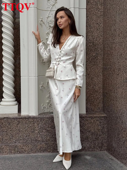 TTQV Fashion Slim Print Women's Two Pieces Set 2026 Elegant Long Sleeve Shirt With High Waist Long Skirt Set Female Clothing