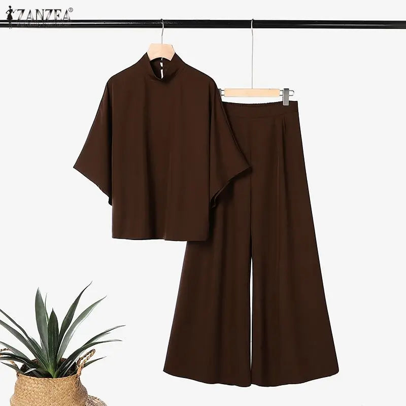 ZANZEA Summer Matching Stes Fashion Women Half Sleeve Blouse Wide Leg Pants Sets Casual Solid OL Work Outfits 2 Pieces Tracksuit