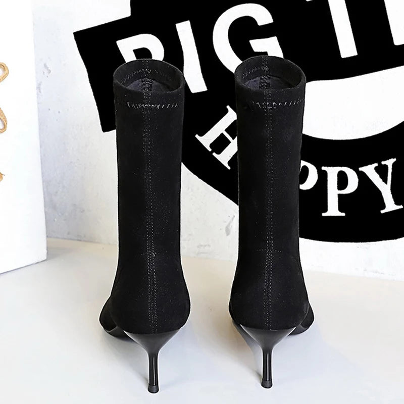BIGTREE Shoes Suede Women's Ankle Boots Stiletto Heels Women 5.5 cm Sharp Pointed Women's Boots Fashion Short Boots Autumn Shoes