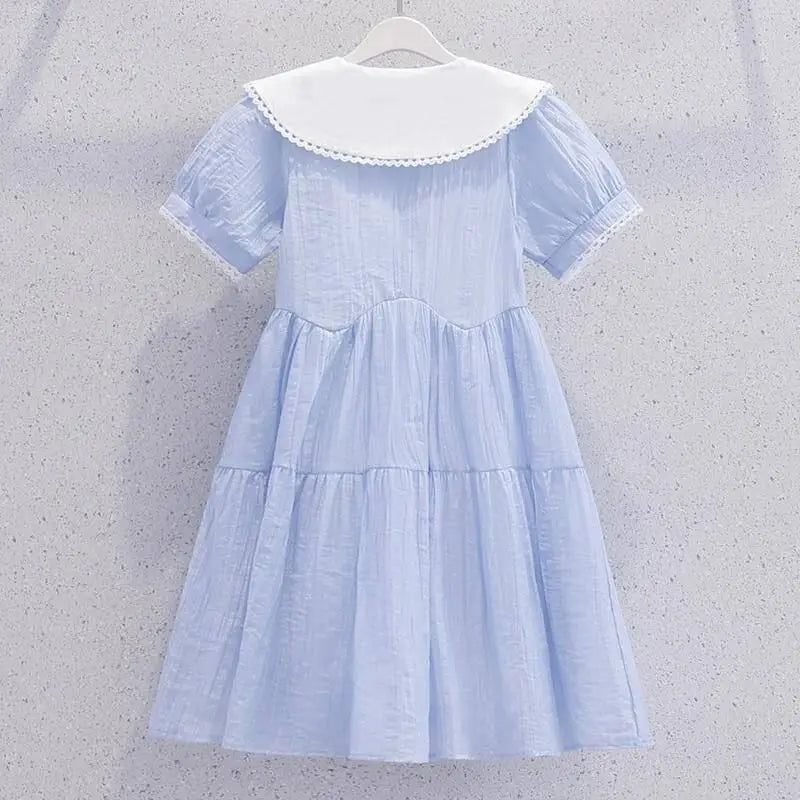 Cute Blue Girls Princess Party Dresses Fashion Summer Kids Birthday Gift Children's Beach Dress Vestido Teen 8 10 12 14 Year