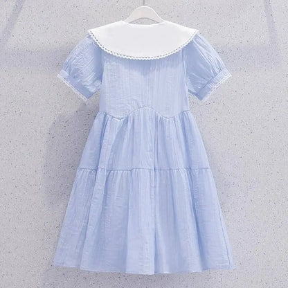 Cute Blue Girls Princess Party Dresses Fashion Summer Kids Birthday Gift Children's Beach Dress Vestido Teen 8 10 12 14 Year