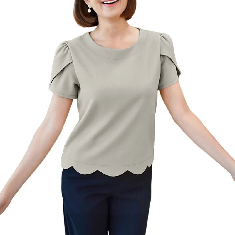 ZANZEA Women Elegant Scalloped Hem Blouses Short Petal Sleeves O-Neck Solid Color Tops Summer Casual Daily Wear Blusas de Mujer