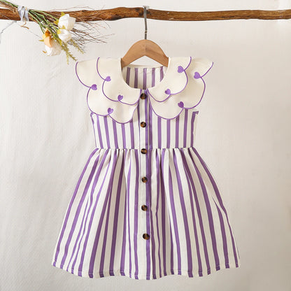 (5120) Little Girls' Summer Fresh and Energetic Multi-Colored White Striped Dress with Doll Collar and Bow Embroidery, in a Retro Cute Style, Suitable for Amusement Parks, Theme Parties, Vacations, and Gatherings.