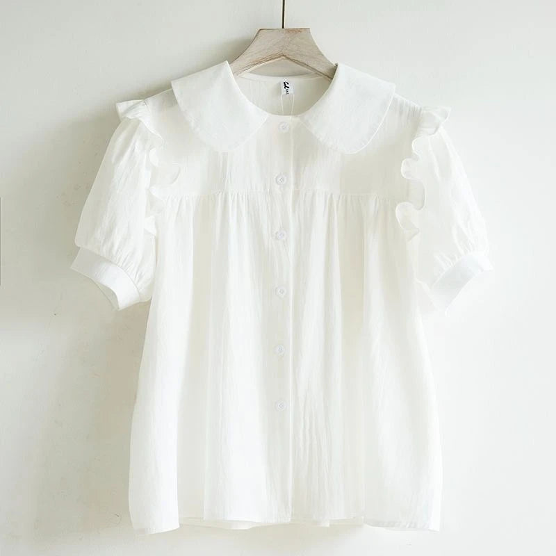 Girls' 2026 Summer Shirt Big Kids Doll Collar Pure Cotton Short Sleeve Blouse Solid Color Casual Top for School Daily Wear