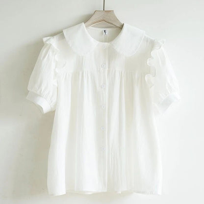 Girls' 2026 Summer Shirt Big Kids Doll Collar Pure Cotton Short Sleeve Blouse Solid Color Casual Top for School Daily Wear