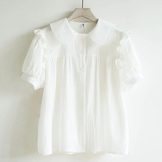 Girls' 2026 Summer Shirt Big Kids Doll Collar Pure Cotton Short Sleeve Blouse Solid Color Casual Top for School Daily Wear