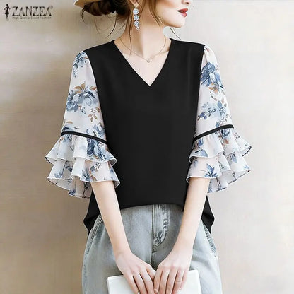 ZANZEA Women's Elegant Blouses Floral Printed Patchwork 3/4 Flared Sleeves V-Neck Loose Tops Summer Casual Blusas de Mujer
