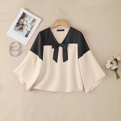 ZANZEA Woman Elegant Chic Blouses Contrast-Color Bow Detail V-Neck 3/4 Bell Sleeves Pullover Tops Summer Casual Blusas de Mujer