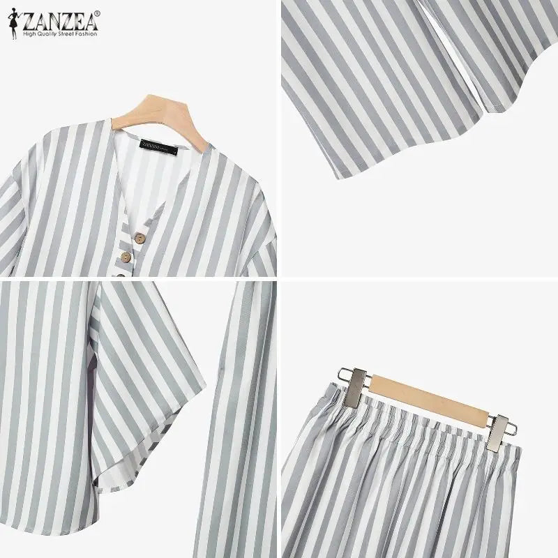 ZANZEA Summer Autumn 3/4 Sleeve Tops Women Pants Sets Fashion V Neck Blusas Wide Leg Pants 2PCS OL Work Party Two-piece Outfits