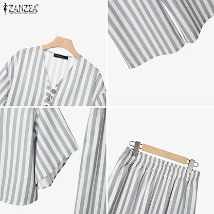 ZANZEA Summer Autumn 3/4 Sleeve Tops Women Pants Sets Fashion V Neck Blusas Wide Leg Pants 2PCS OL Work Party Two-piece Outfits