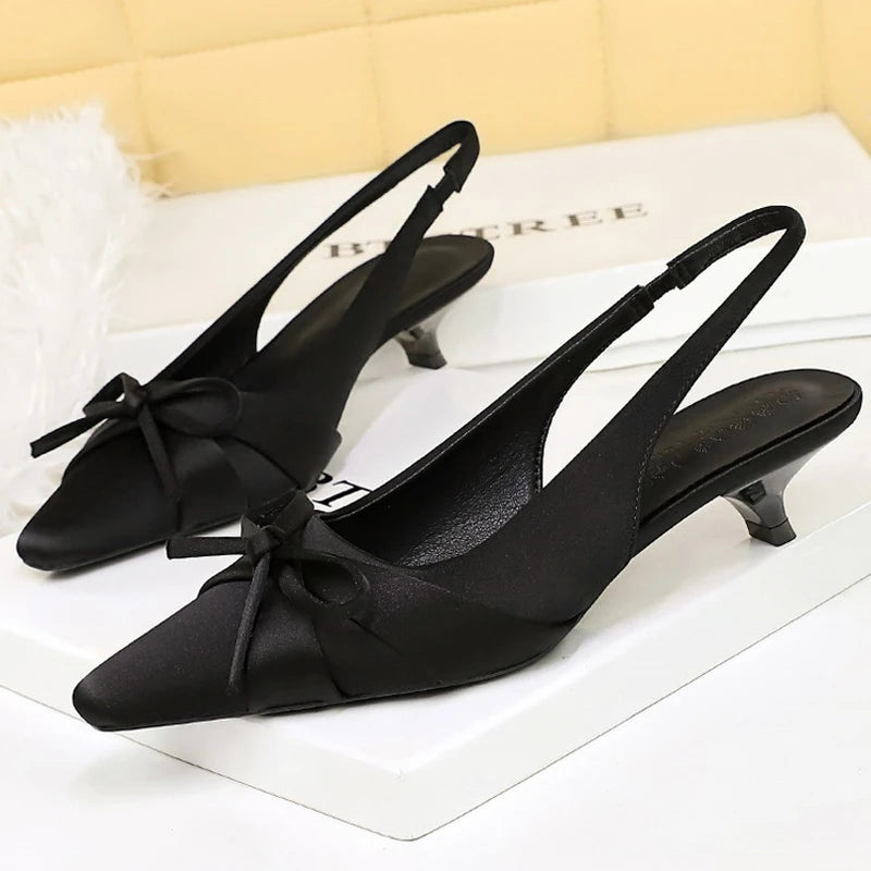 BIGTREE Shoes Silks Satins Women's Sandals Bowknot Kitten Heels Women Shoes Pointed Low Heel Shoes Hollow Out Hook Strap Pumps