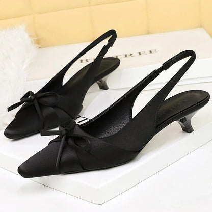 BIGTREE Shoes Silks Satins Women's Sandals Bowknot Kitten Heels Women Shoes Pointed Low Heel Shoes Hollow Out Hook Strap Pumps