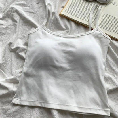 1PC Korean Women's Solid Color Spaghetti Straps Sleeveless Slim Camisole With Chest Pad