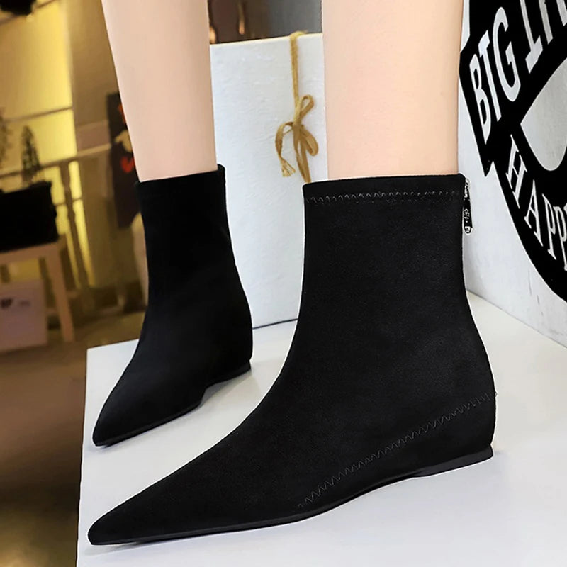 BIGTREE Shoes Suede Women's Boots Wedges Ladies Ankle Boots Low-heeled Shoes Rear Zipper Short Boots Keep Warm Winter Boots
