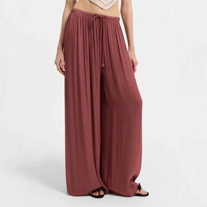 New Women High Waist Wide Leg Pants Spring Summer Draped Casual Trousers Drawstring Elastic Waist Loose Straight Leg Beach Pant