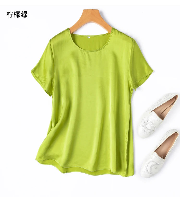 ZVAQS 100% Mulberry Silk T Shirts Woman Elegant Satin T Shirt 27 Colors High Quality Silk Summer Tops 2025 Women Clothing Топ