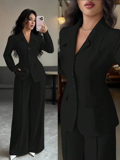 Solid-color button-down front shirt. Casual drop-shoulder long-sleeve top paired with trousers. A women's casual set suitable fo