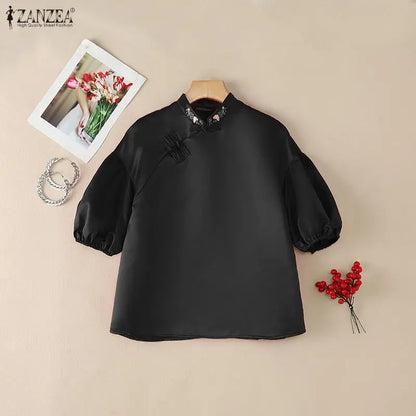 ZANZEA Woman Elegant Satin Blouses Chinese Style Embroidered Detail Mandarin Collar Lantern Sleeves Blusas de Mujer Vintage Tops