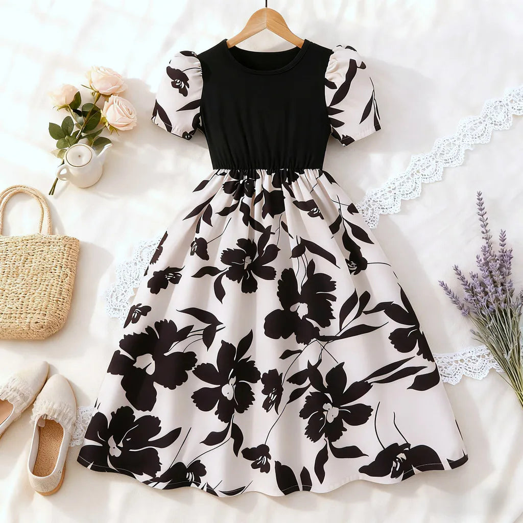 New Children Black Floral Dress Summer Short Sleeve Casual Vacation Kids Girl Dresses Cute Fashion Teen Dress 7 8 9 10 11 12 Yrs