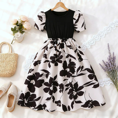 New Children Black Floral Dress Summer Short Sleeve Casual Vacation Kids Girl Dresses Cute Fashion Teen Dress 7 8 9 10 11 12 Yrs