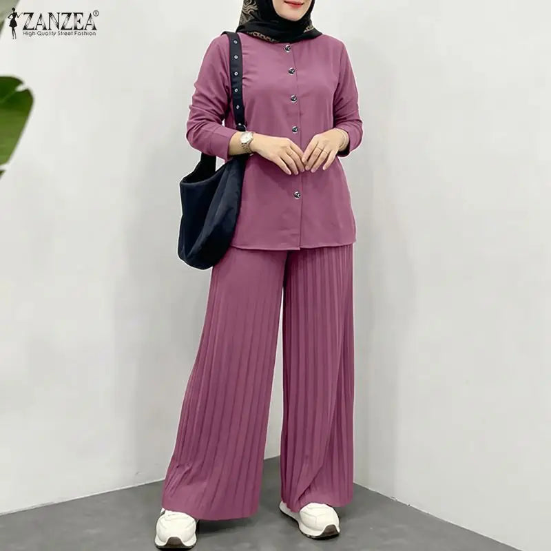 ZANZEA Women Muslim 2 Pieces Sets Casual O Neck Long Sleeve Buttons Up Blouse Wide Leg Pleated Pants Sets Ramadan Hijab Outfits