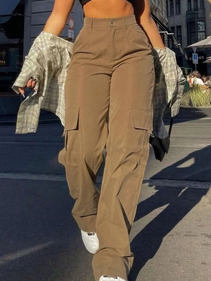Women's Plain High Waist Cargo Pants, Street Fashion Casual Pocket Button Trousers for Daily Wear, Ladies Bottoms for All Season