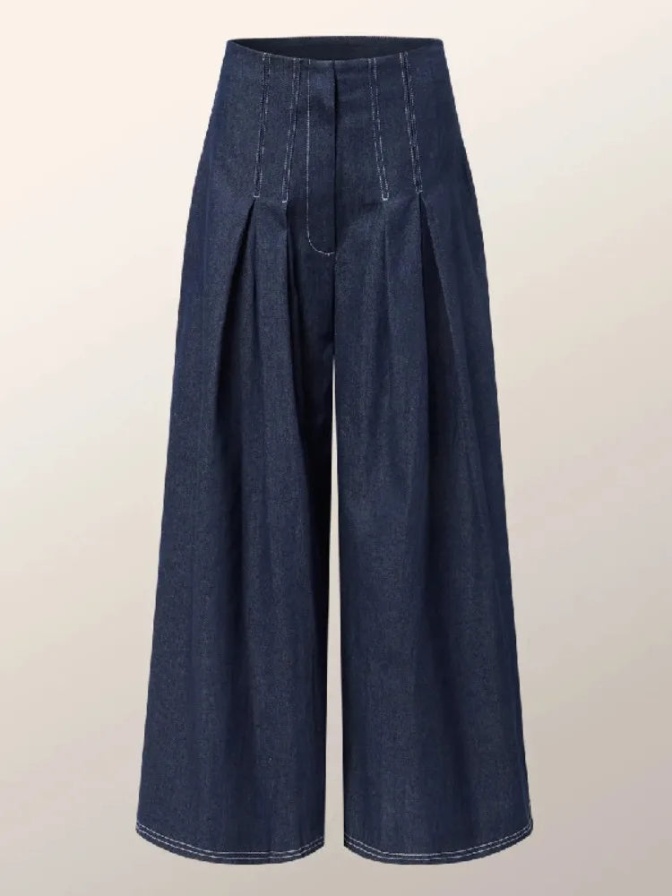 Missuoo Women's Denim Blue High Waist Pants 2025 Stylish Wide Leg Full Length Pleated Trousers Autumn Casual Streetwear Pants
