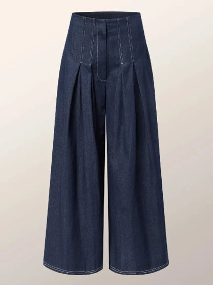 Missuoo Women's Denim Blue High Waist Pants 2025 Stylish Wide Leg Full Length Pleated Trousers Autumn Casual Streetwear Pants