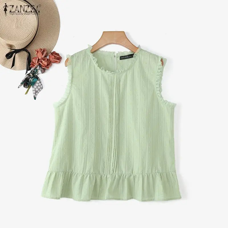 ZANZEA Women Blouses Ruffles Tops Sleeveless Tee Summer Blusas O Neck Tunic Oversize Casual Blouse Solid Color Streetwear